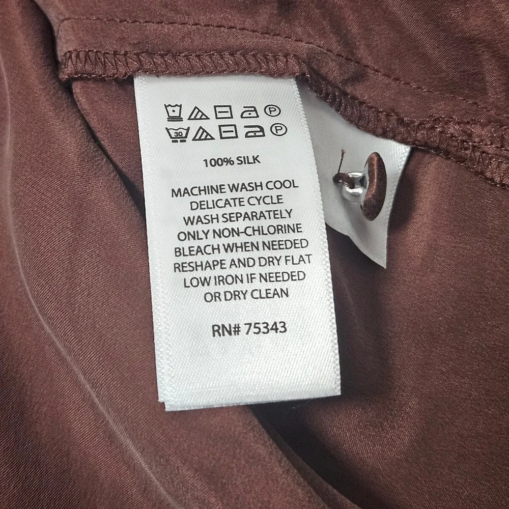 Joie Silk Button Front Blouse Copper Brown Long Sleeve Notched Collar Washable M - Picture 9 of 9